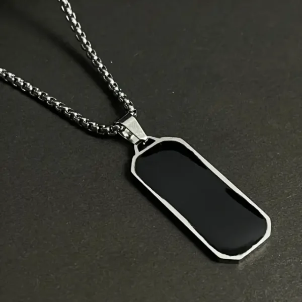Silver Black Epoxy Rectangle Pendant Necklace For Men - Image 3