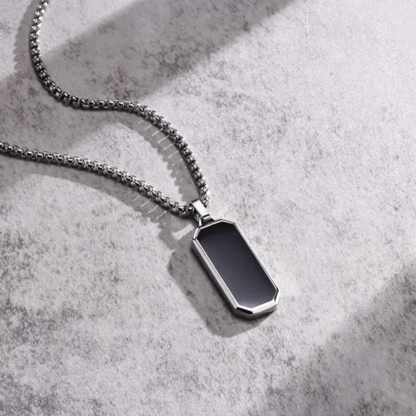 Silver Black Epoxy Rectangle Pendant Necklace For Men - Image 2