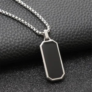 Silver Black Epoxy Rectangle Pendant Necklace For Men