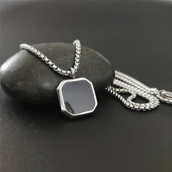 Silver Black Square Pendant Necklace For Men - Image 2