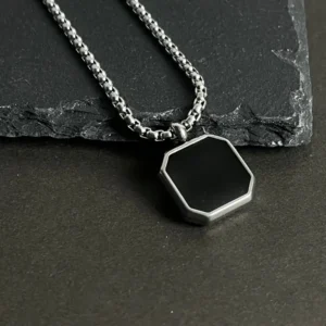 Silver Black Square Pendant Necklace For Men