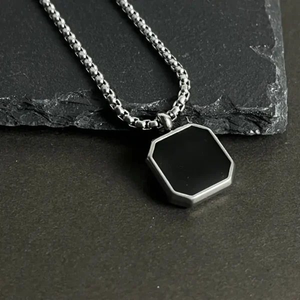 Silver Black Square Pendant Necklace For Men
