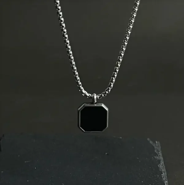 Silver Black Square Pendant Necklace For Men - Image 5