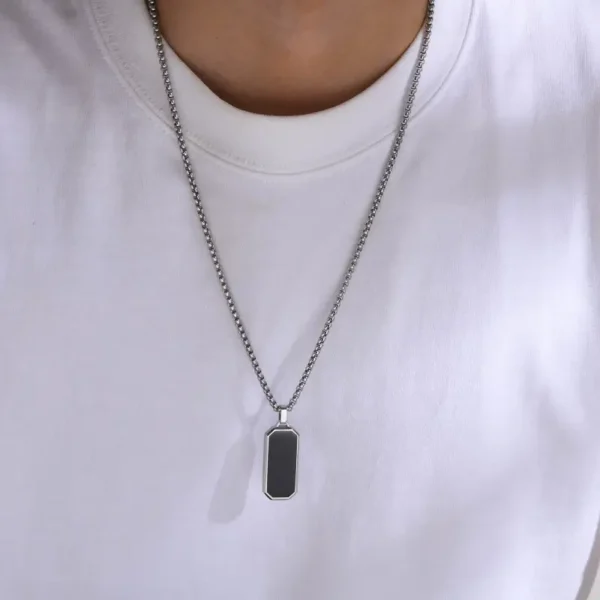 Silver Black Epoxy Rectangle Pendant Necklace For Men - Image 5