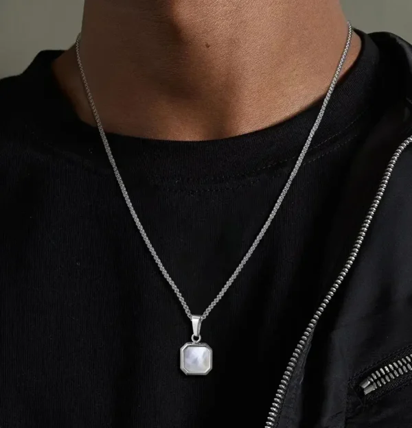 White & Black Double side Silver Square Pendant Necklace For Men - Image 5