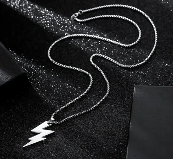 Silver Lightning Bolt Pendant Necklace for Men/Women - Image 4