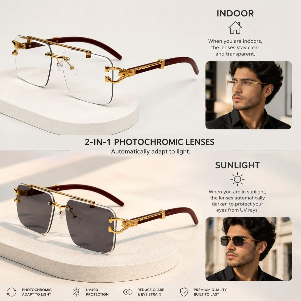 Solar UV Photochromic Rimless Glasses