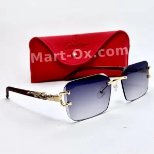 Mart-OX 3 Piece Blue Lens Wooden Temple with Golden Panther Glasses Azure Sovereign